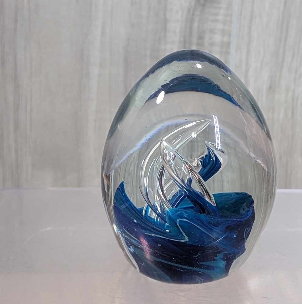 Cobalt Blue Twisted Bubble Ovoid Heavy Glass Paperweight Swirl Office Coastal